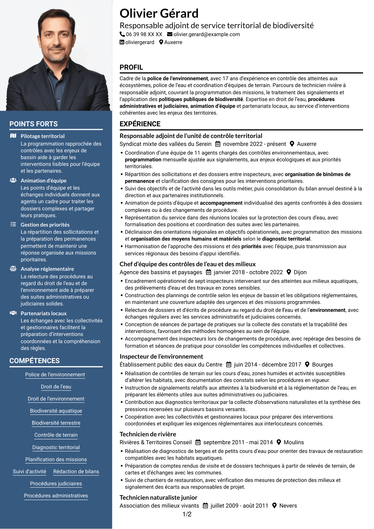 CV Signature (format à colonne latérale colorée avec grande photo) : Chef de service départemental adjoint - Police de l’environnement, page 1