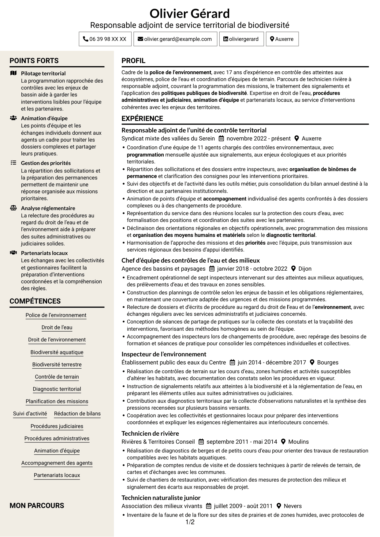 CV Fonceur (format à deux colonnes avec en-tête centré sans photo) : Chef de service départemental adjoint - Police de l’environnement, page 1