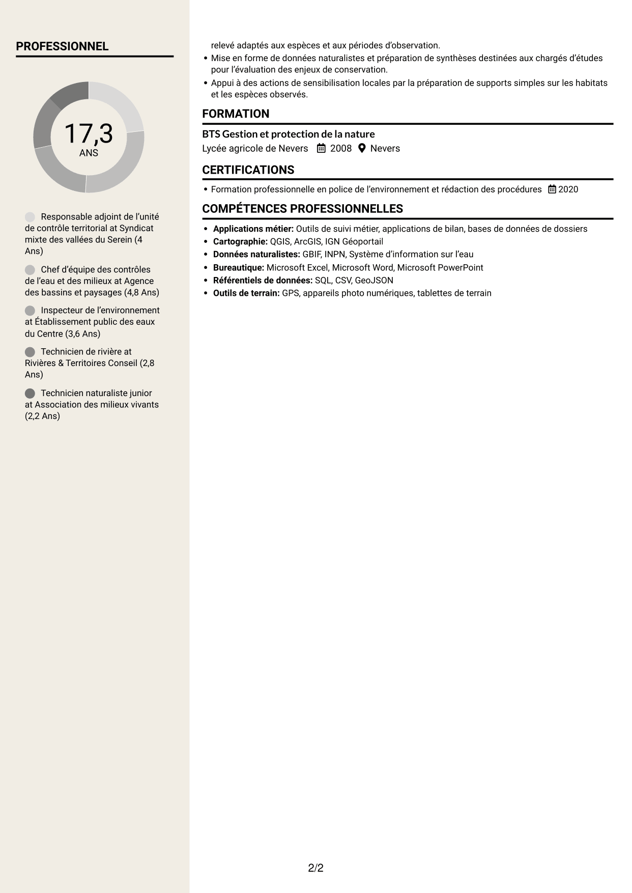 CV Fonceur (format à deux colonnes avec en-tête centré sans photo) : Chef de service départemental adjoint - Police de l’environnement, page 2