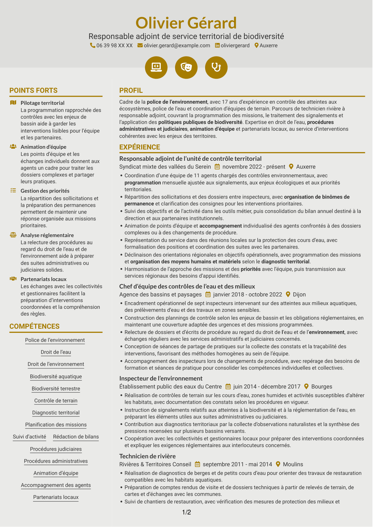 CV Dynamique (format à deux colonnes avec icônes) : Chef de service départemental adjoint - Police de l’environnement, page 1