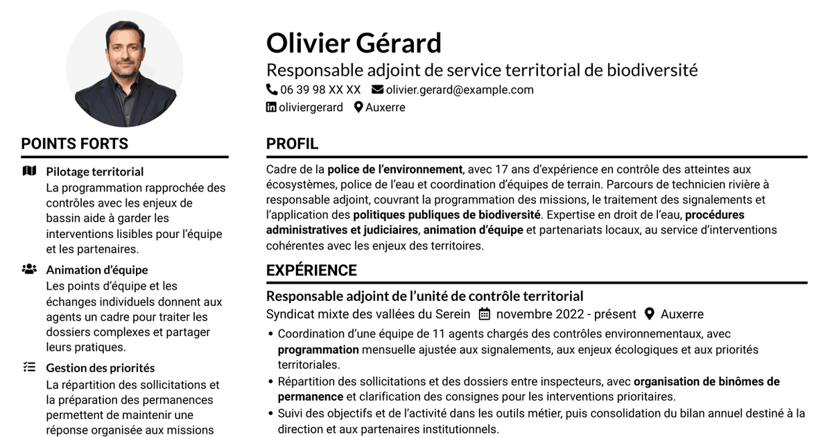 7 modèles de CV pour Chef de service départemental adjoint - Police de l’environnement, avec exemples