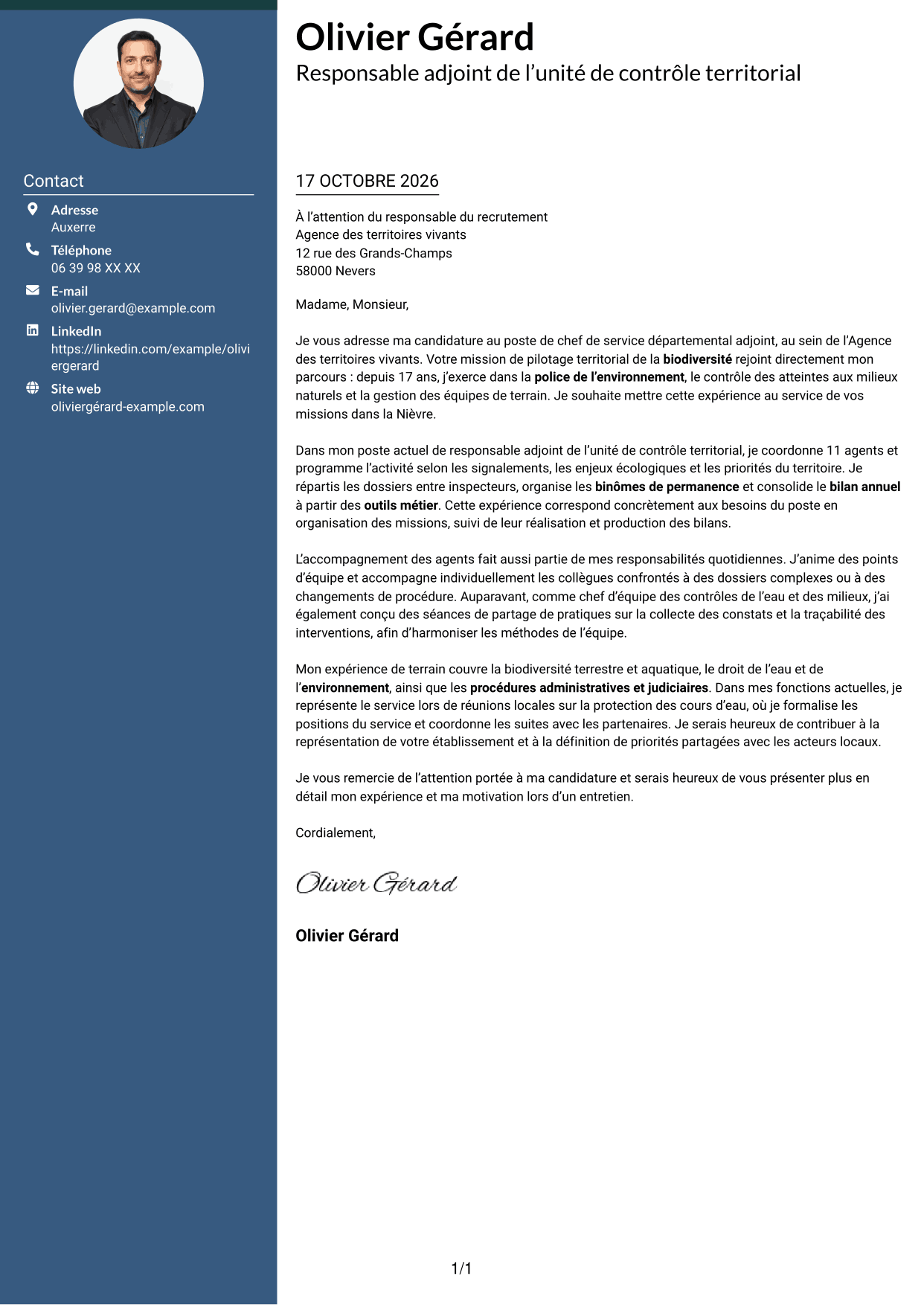 Lettre de motivation Élégant (format à colonne latérale colorée avec photo) : Chef de service départemental adjoint - Police de l’environnement, page 1