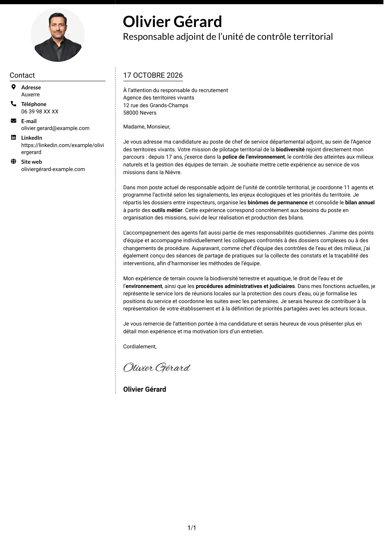 Lettre de motivation Moderne (format à deux colonnes avec photo à gauche et séparateur) : Chef de service départemental adjoint - Police de l’environnement, page 1