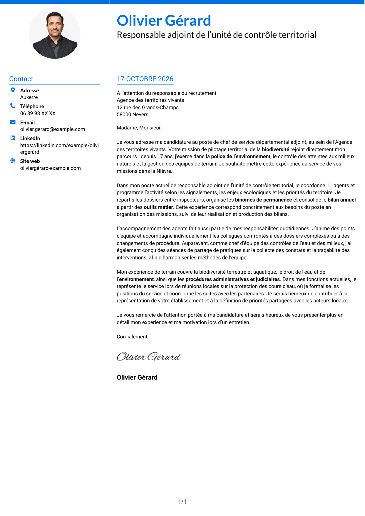 Lettre de motivation Audacieux (format à deux colonnes avec accents colorés et photo) : Chef de service départemental adjoint - Police de l’environnement, page 1