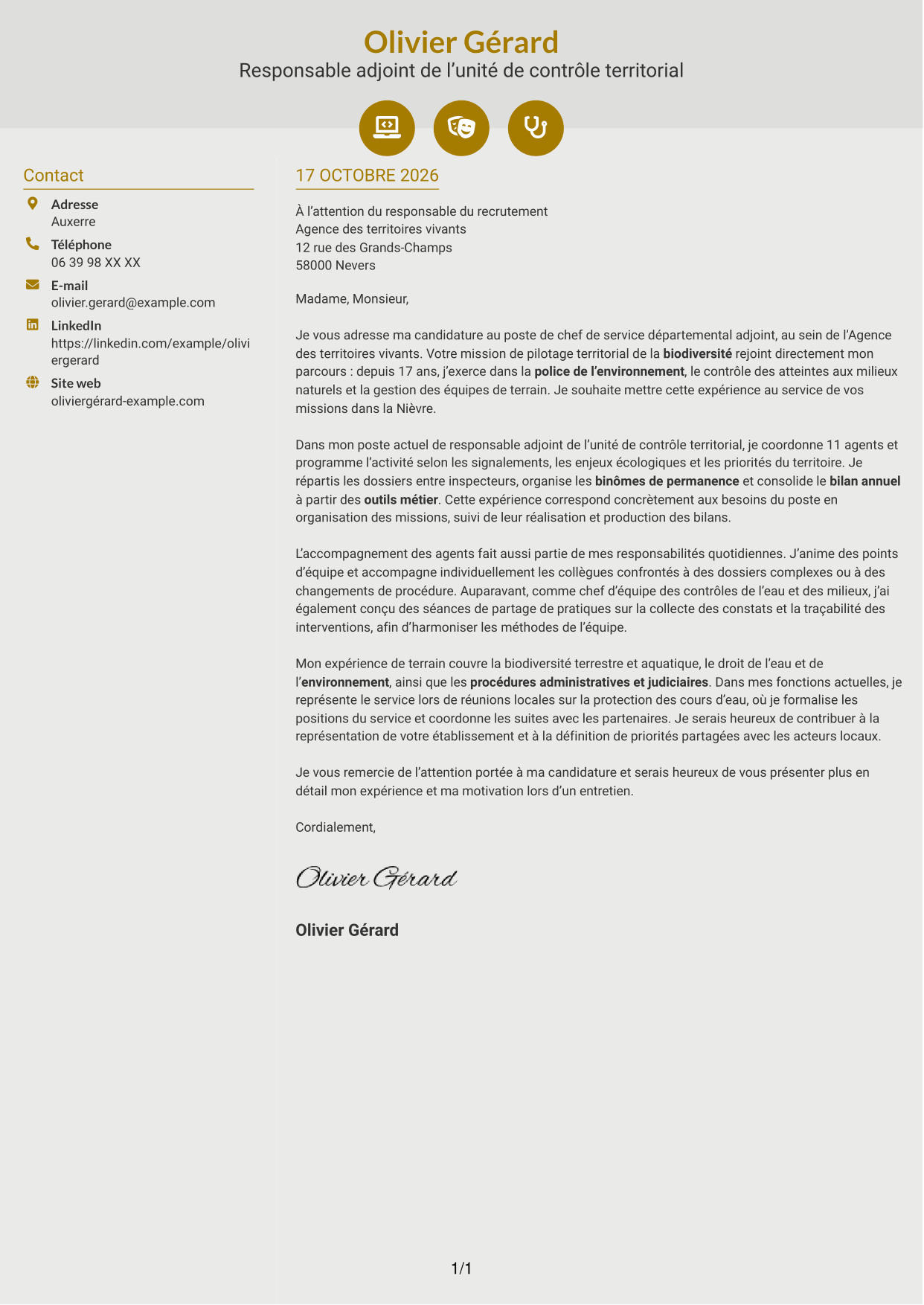 Lettre de motivation Dynamique (format à deux colonnes avec icônes) : Chef de service départemental adjoint - Police de l’environnement, page 1