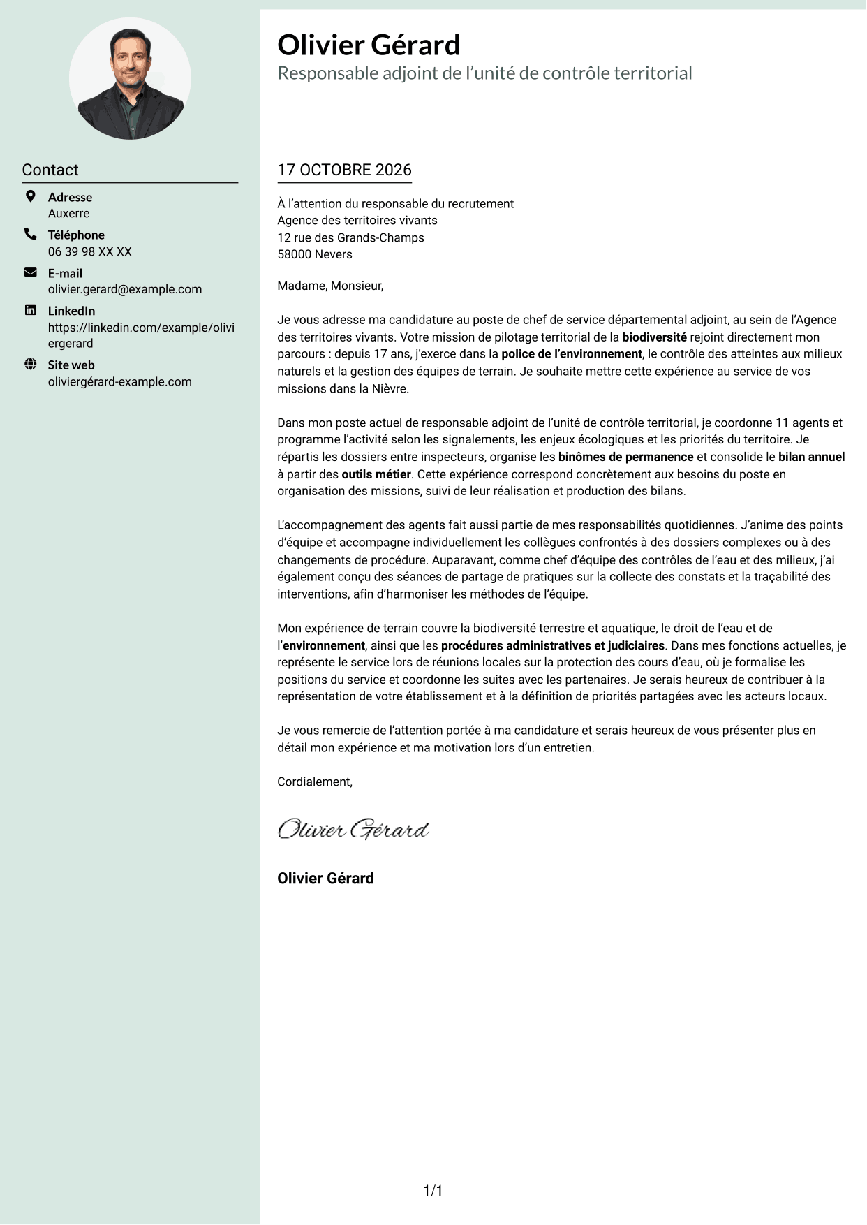 Lettre de motivation Cadre (format à colonne latérale douce avec photo arrondie) : Chef de service départemental adjoint - Police de l’environnement, page 1