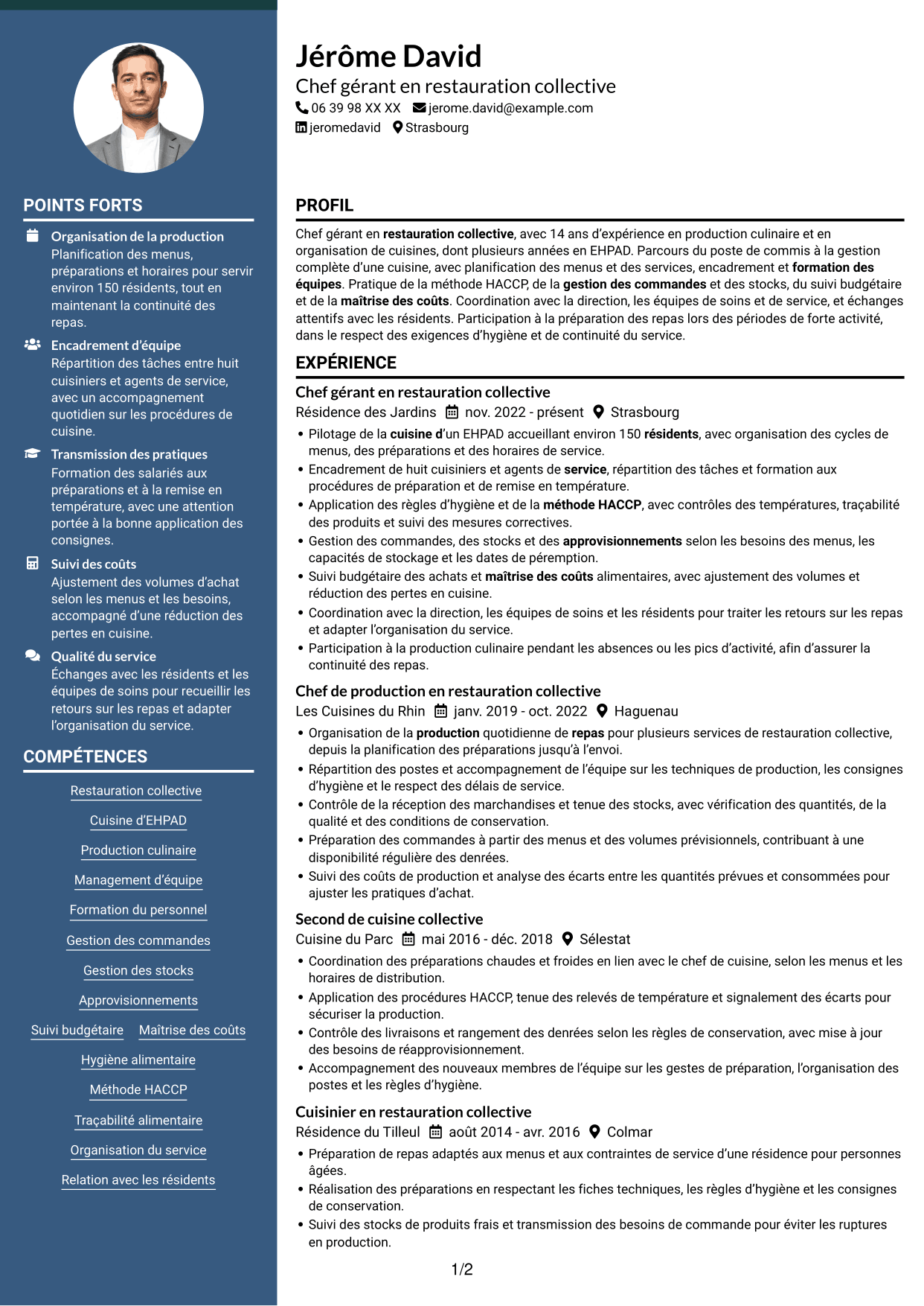 CV Élégant (format à colonne latérale colorée avec photo) : Chef gérant - Cuisine collective, page 1