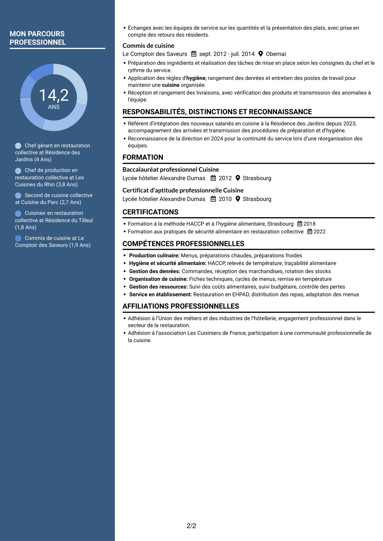 CV Élégant (format à colonne latérale colorée avec photo) : Chef gérant - Cuisine collective, page 2