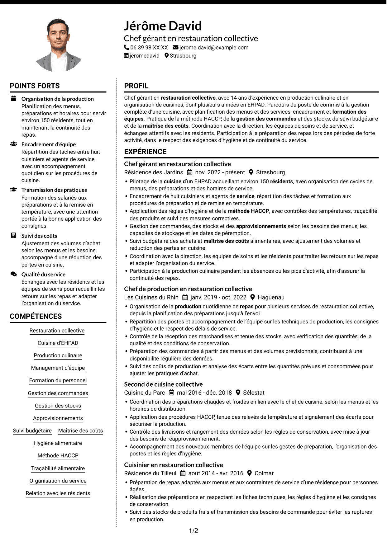 CV Moderne (format à deux colonnes avec photo à gauche et séparateur) : Chef gérant - Cuisine collective, page 1