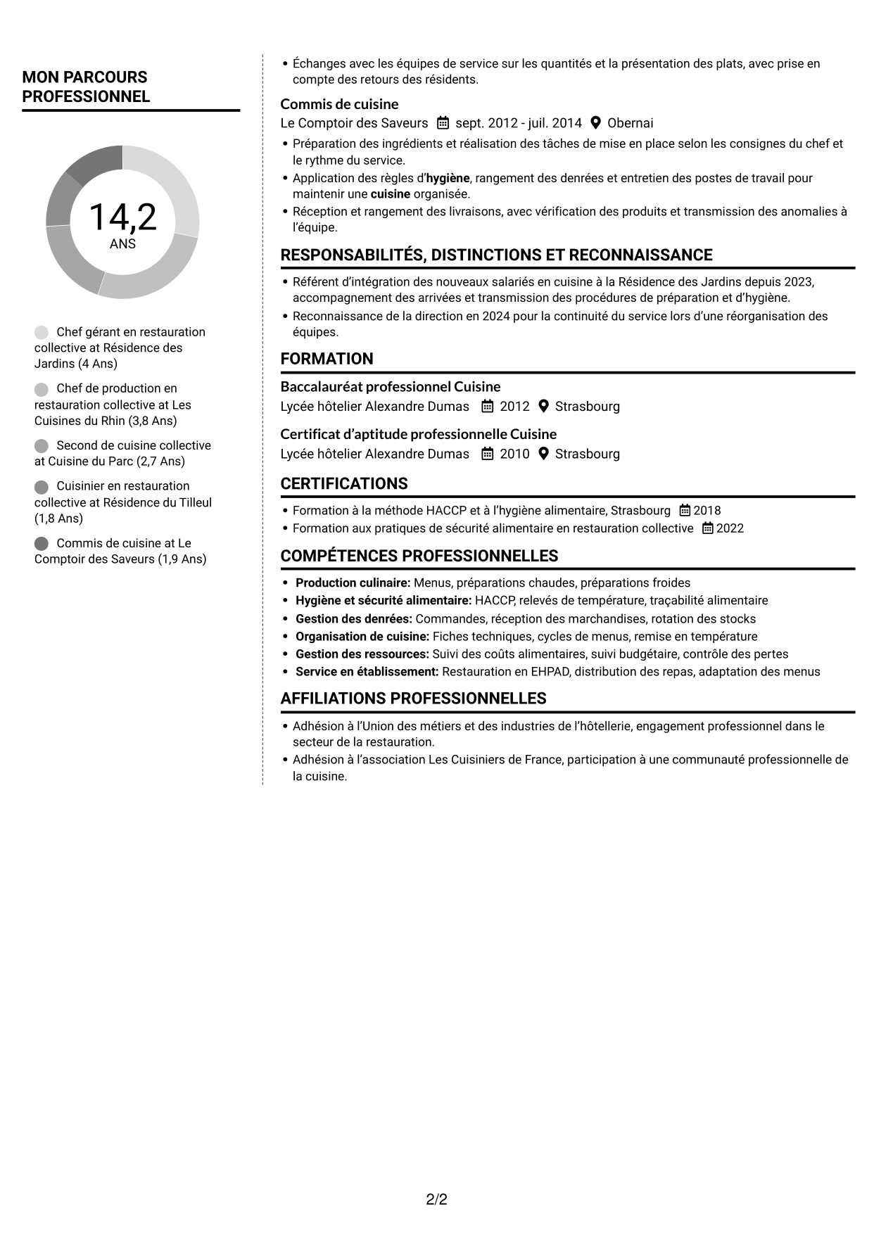 CV Moderne (format à deux colonnes avec photo à gauche et séparateur) : Chef gérant - Cuisine collective, page 2