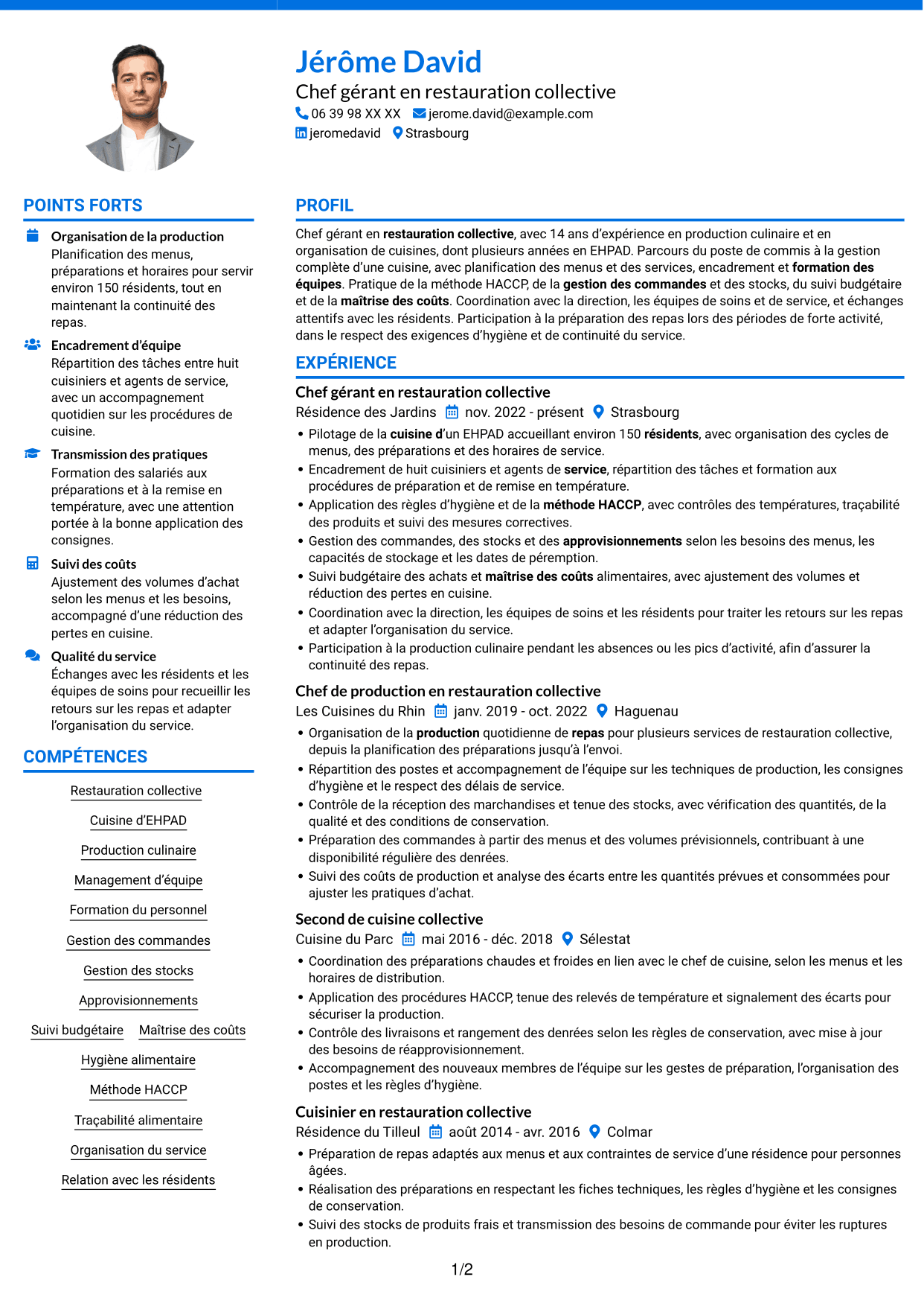 CV Audacieux (format à deux colonnes avec accents colorés et photo) : Chef gérant - Cuisine collective, page 1