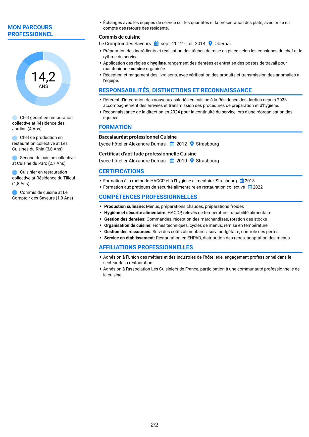 CV Audacieux (format à deux colonnes avec accents colorés et photo) : Chef gérant - Cuisine collective, page 2