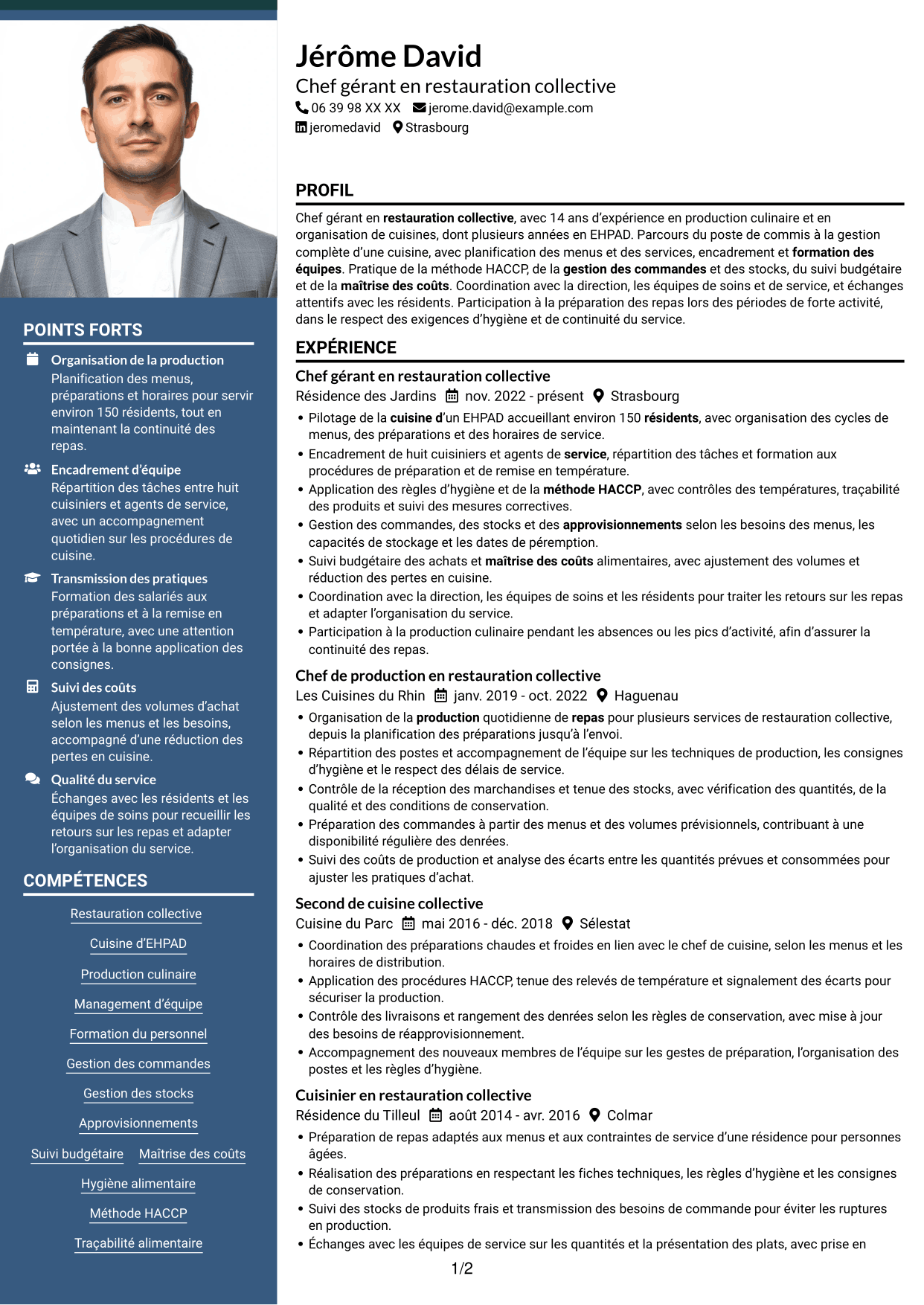 CV Signature (format à colonne latérale colorée avec grande photo) : Chef gérant - Cuisine collective, page 1