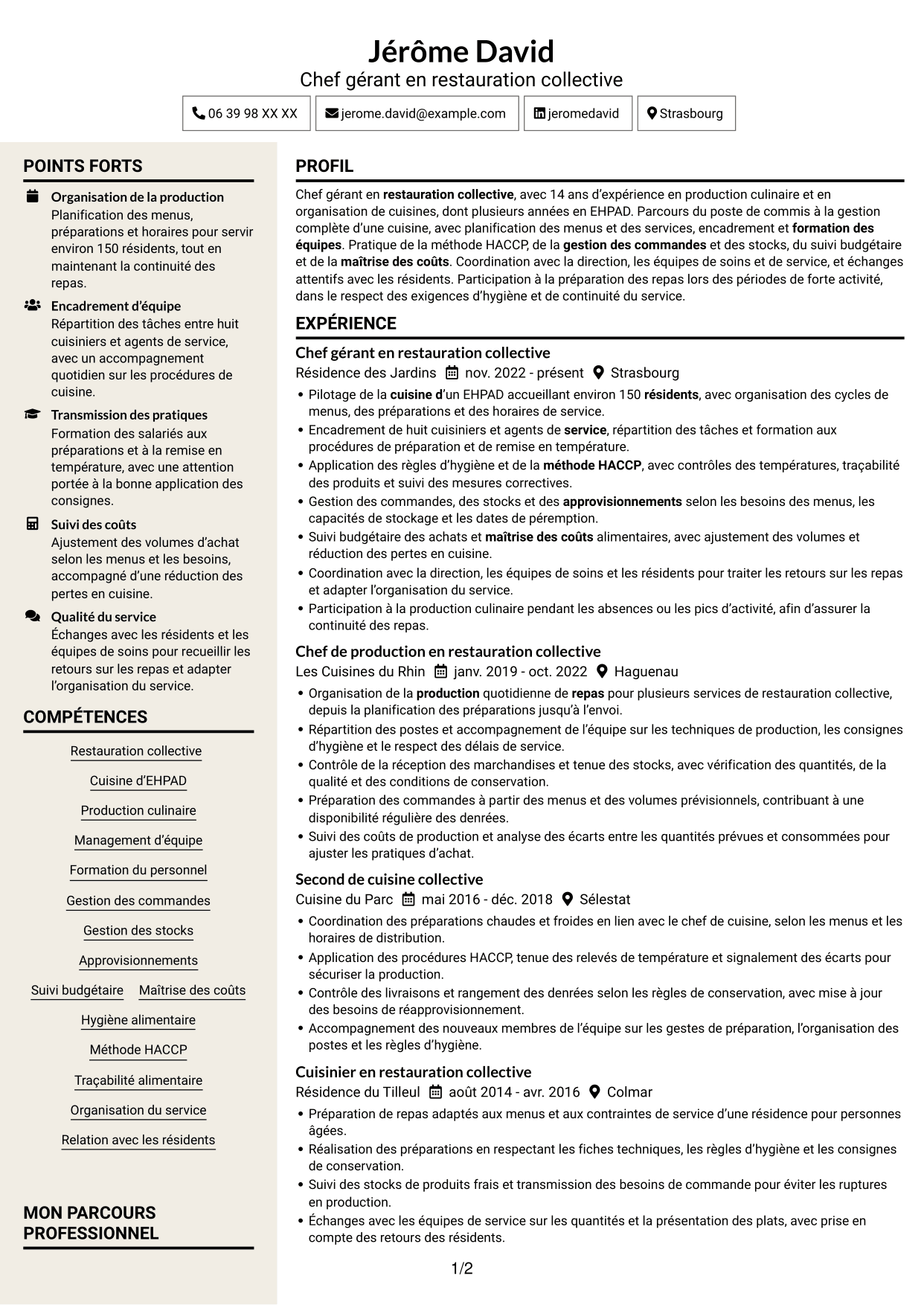 CV Fonceur (format à deux colonnes avec en-tête centré sans photo) : Chef gérant - Cuisine collective, page 1