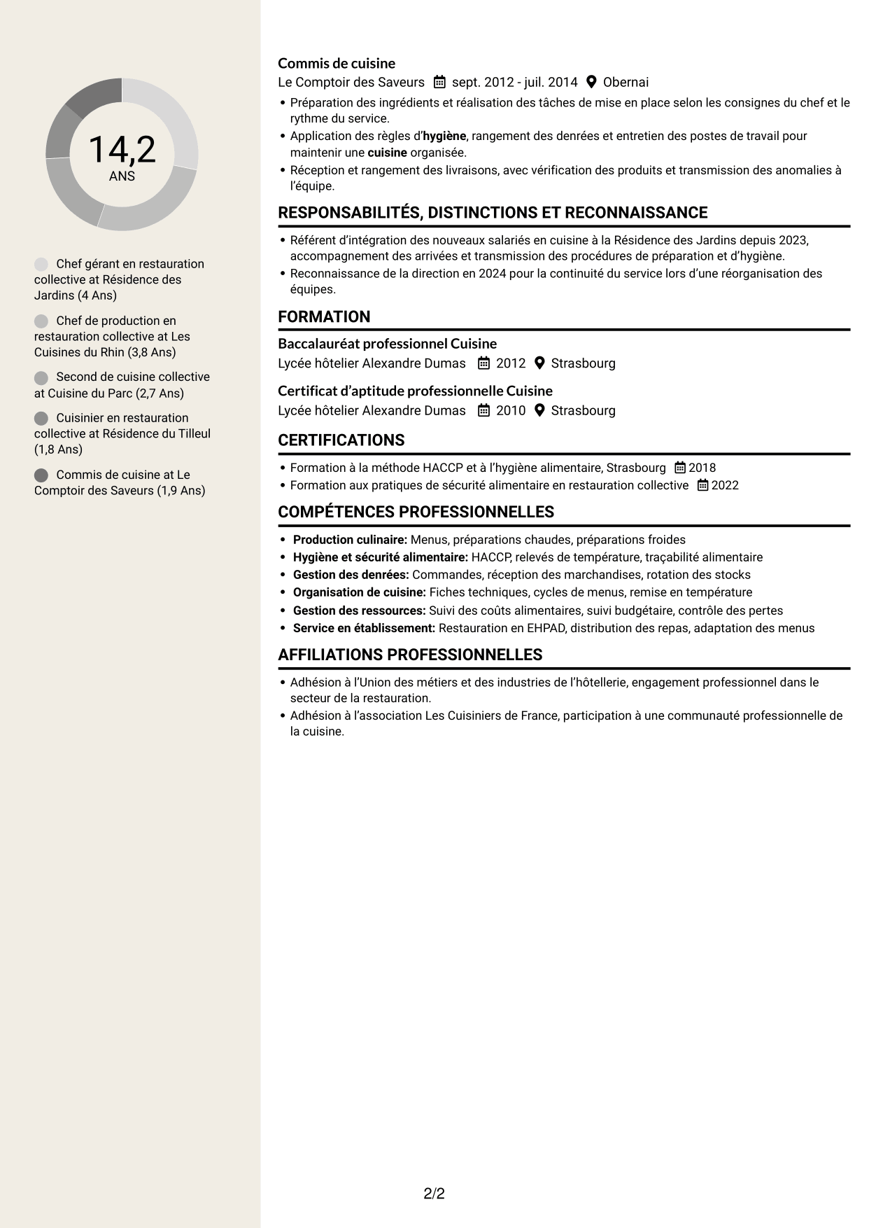 CV Fonceur (format à deux colonnes avec en-tête centré sans photo) : Chef gérant - Cuisine collective, page 2