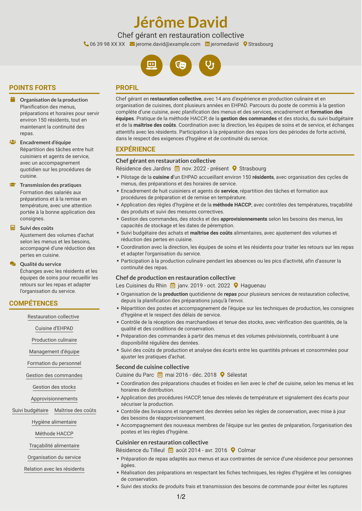 CV Dynamique (format à deux colonnes avec icônes) : Chef gérant - Cuisine collective, page 1