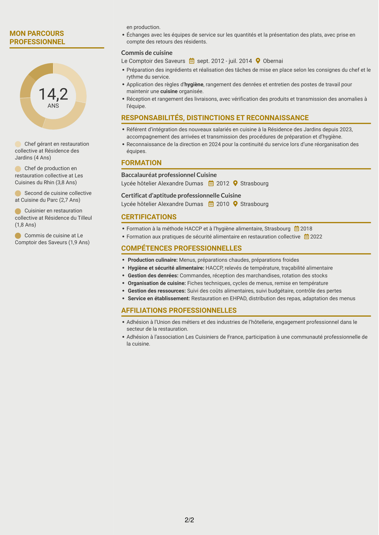 CV Dynamique (format à deux colonnes avec icônes) : Chef gérant - Cuisine collective, page 2