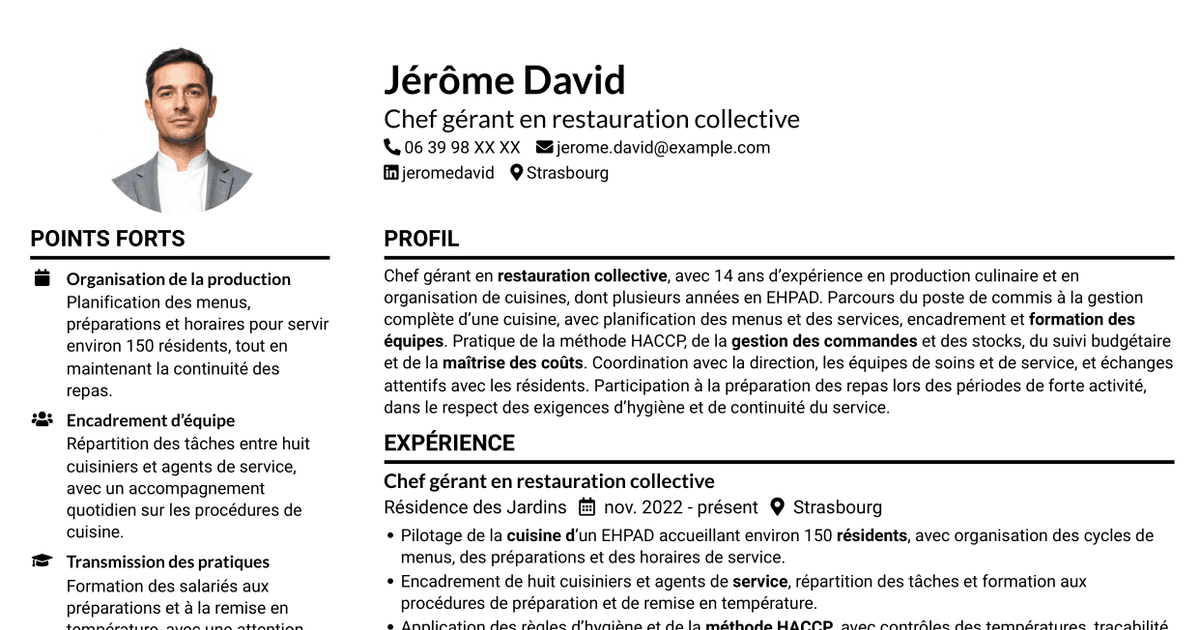 7 modèles de CV pour Chef gérant - Cuisine collective, avec exemples