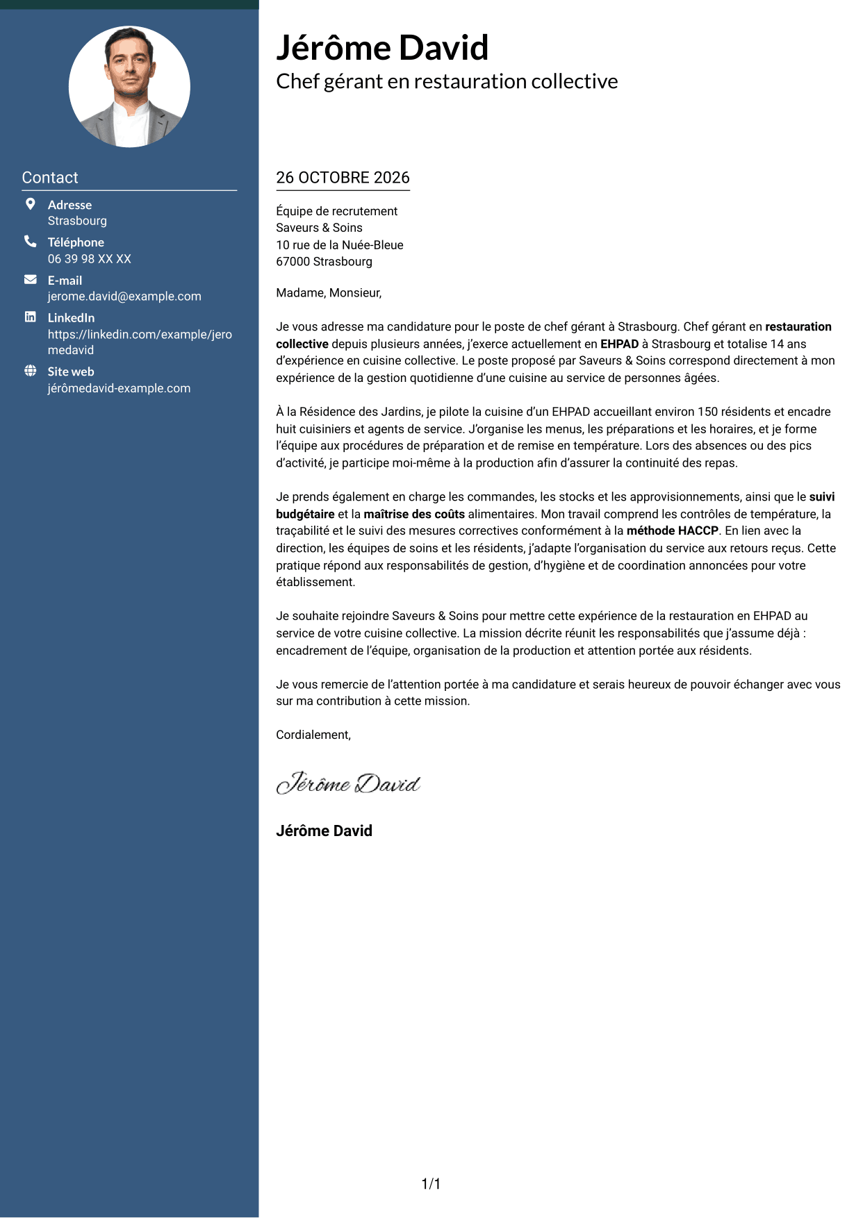 Lettre de motivation Élégant (format à colonne latérale colorée avec photo) : Chef gérant - Cuisine collective, page 1