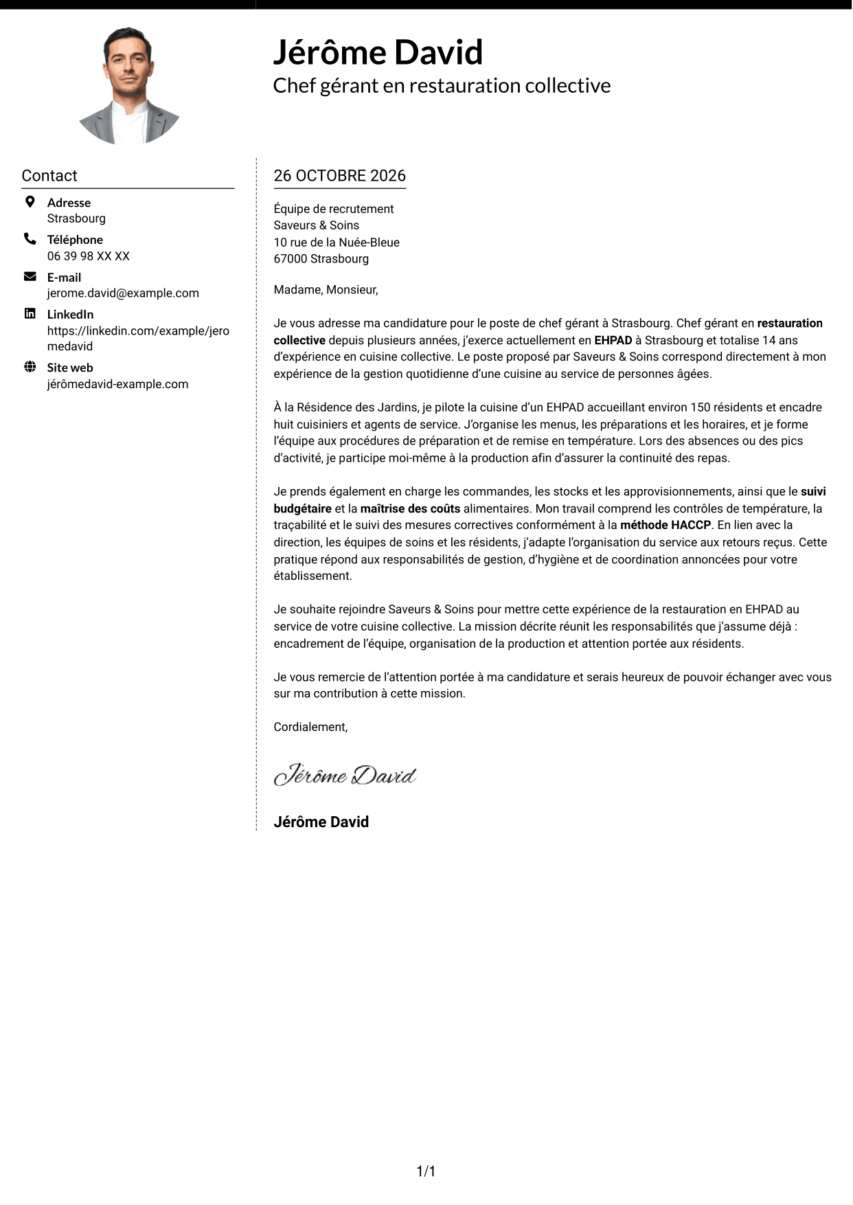 Lettre de motivation Moderne (format à deux colonnes avec photo à gauche et séparateur) : Chef gérant - Cuisine collective, page 1