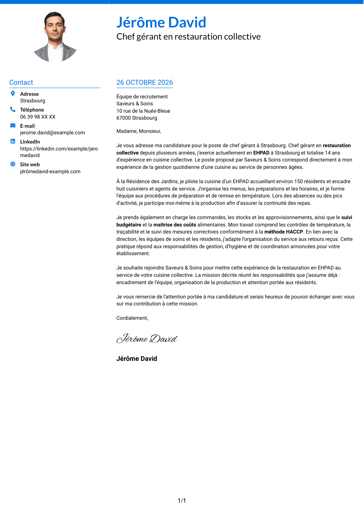 Lettre de motivation Audacieux (format à deux colonnes avec accents colorés et photo) : Chef gérant - Cuisine collective, page 1