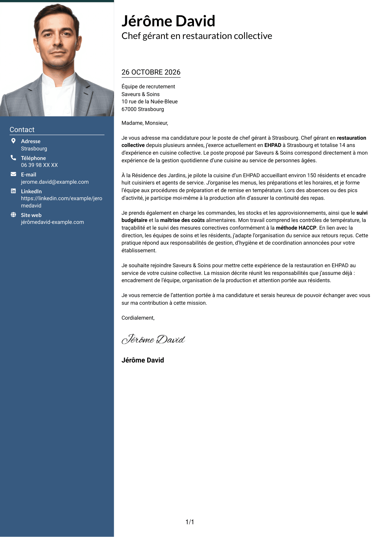 Lettre de motivation Signature (format à colonne latérale colorée avec grande photo) : Chef gérant - Cuisine collective, page 1