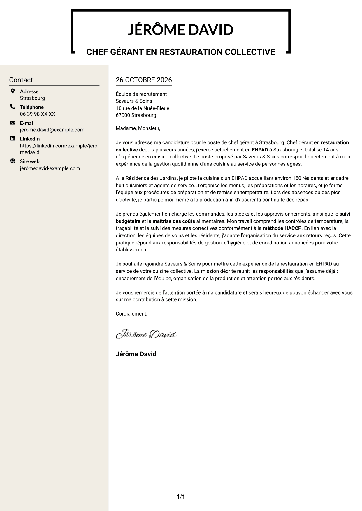 Lettre de motivation Fonceur (format à deux colonnes avec en-tête centré sans photo) : Chef gérant - Cuisine collective, page 1