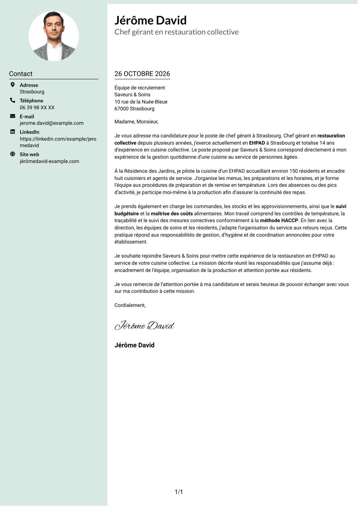 Lettre de motivation Cadre (format à colonne latérale douce avec photo arrondie) : Chef gérant - Cuisine collective, page 1