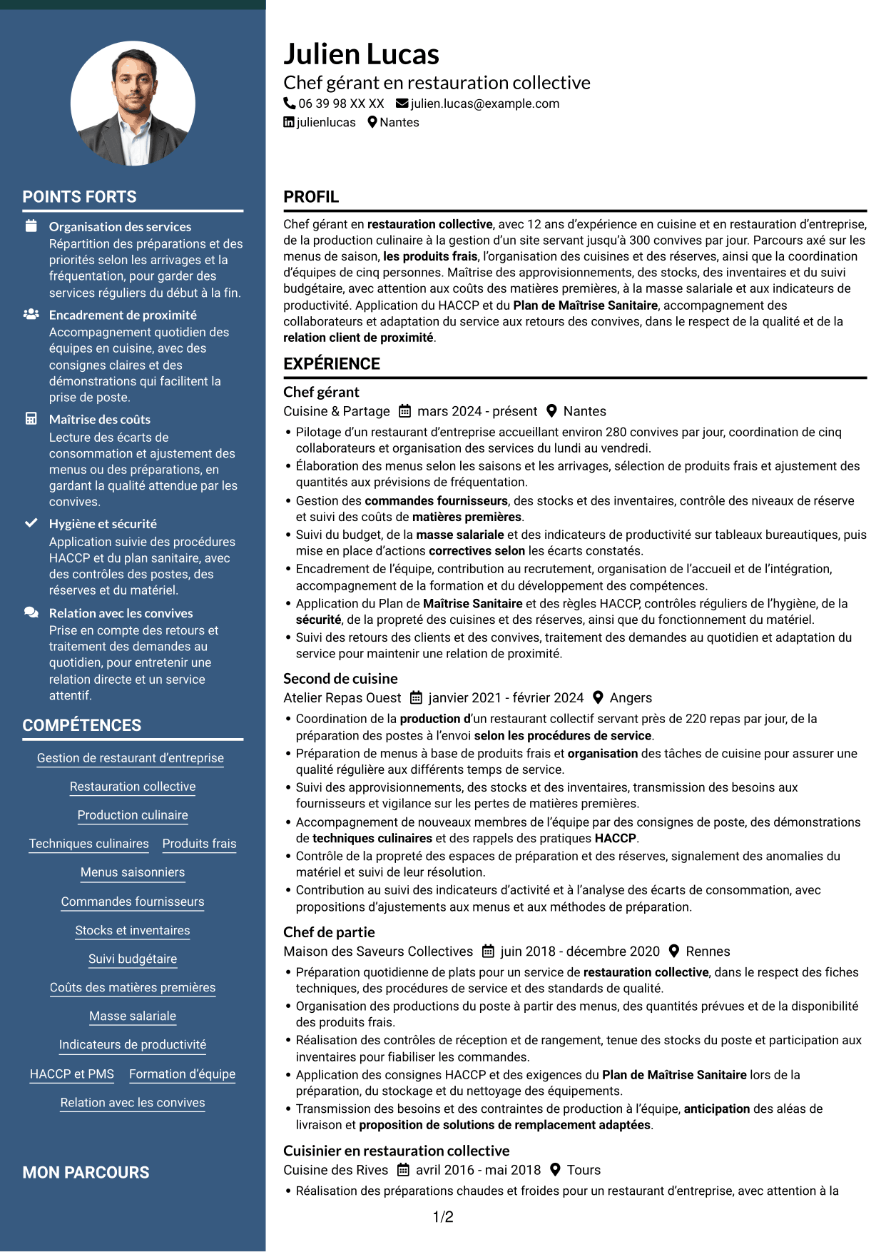 CV Élégant (format à colonne latérale colorée avec photo) : Chef gérant - Restauration collective d'entreprise, page 1