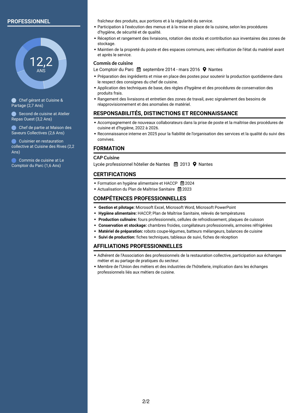 CV Élégant (format à colonne latérale colorée avec photo) : Chef gérant - Restauration collective d'entreprise, page 2
