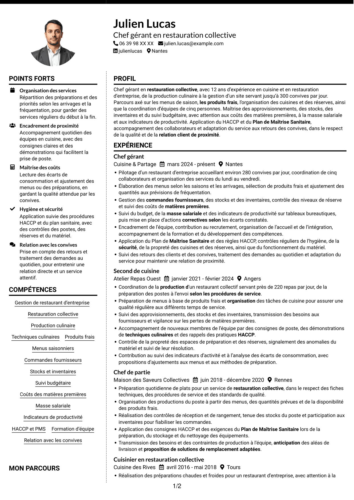 CV Moderne (format à deux colonnes avec photo à gauche et séparateur) : Chef gérant - Restauration collective d'entreprise, page 1