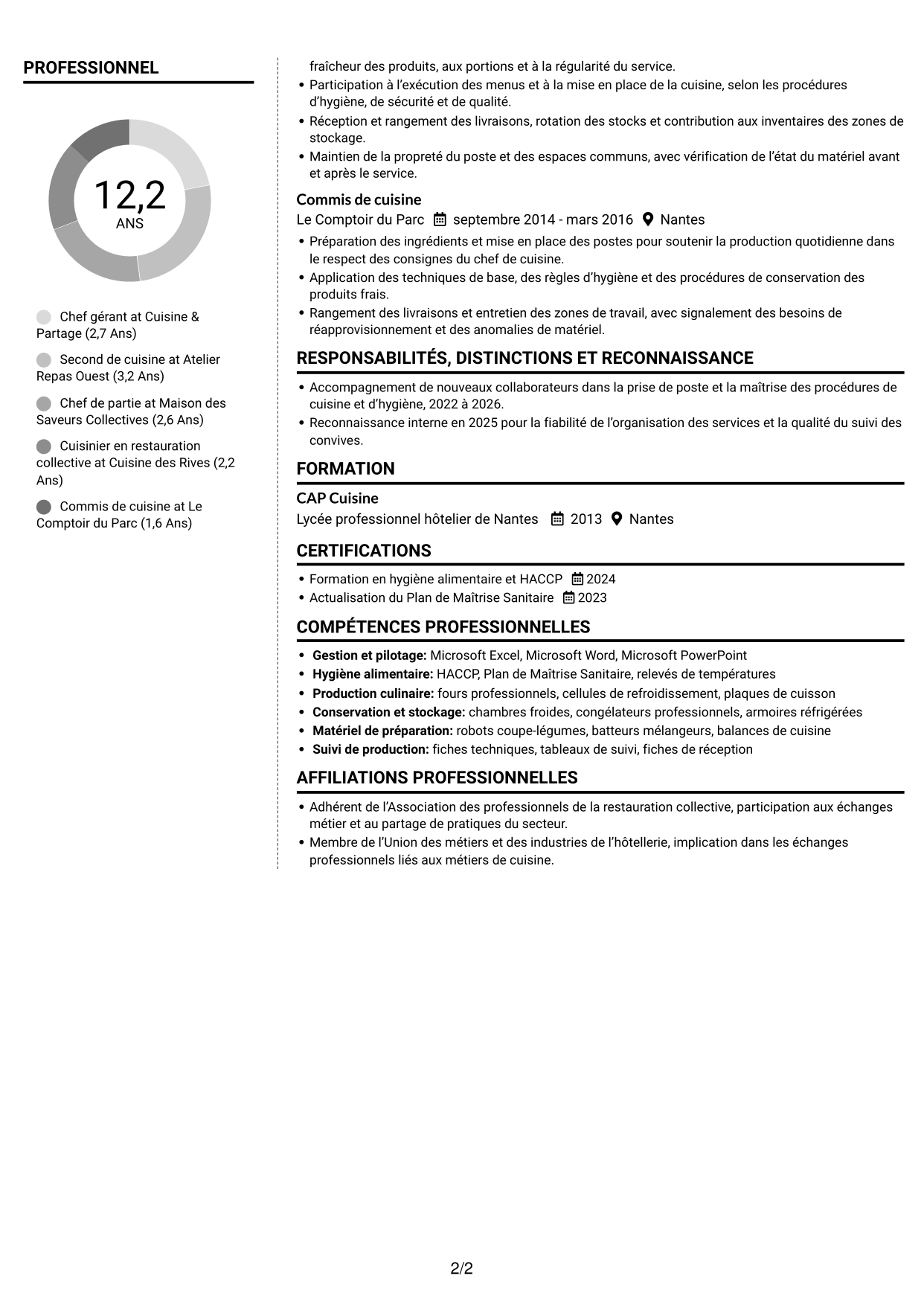 CV Moderne (format à deux colonnes avec photo à gauche et séparateur) : Chef gérant - Restauration collective d'entreprise, page 2