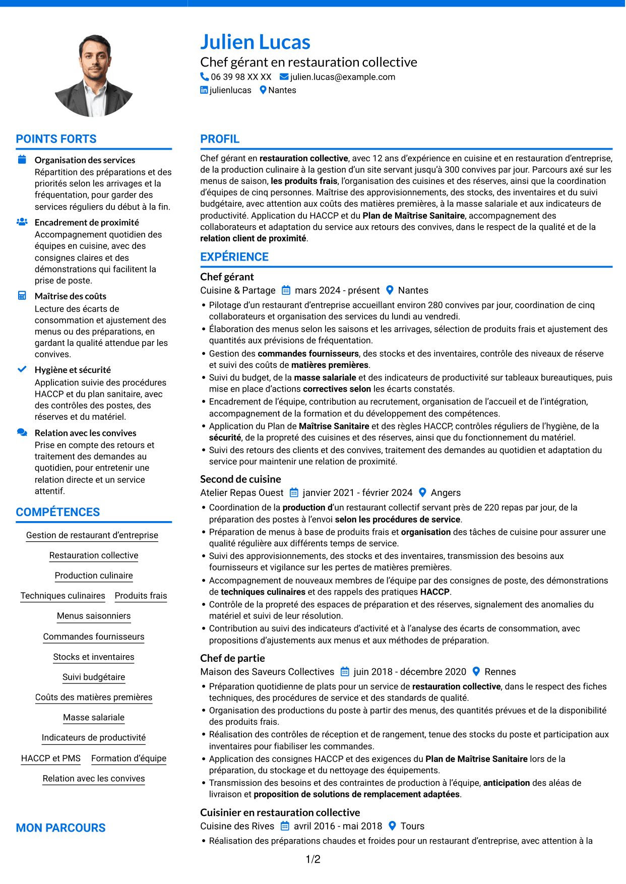 CV Audacieux (format à deux colonnes avec accents colorés et photo) : Chef gérant - Restauration collective d'entreprise, page 1