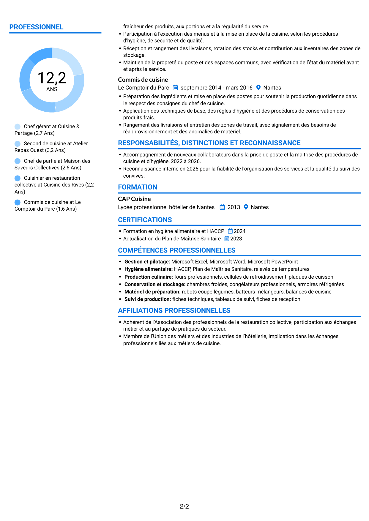 CV Audacieux (format à deux colonnes avec accents colorés et photo) : Chef gérant - Restauration collective d'entreprise, page 2