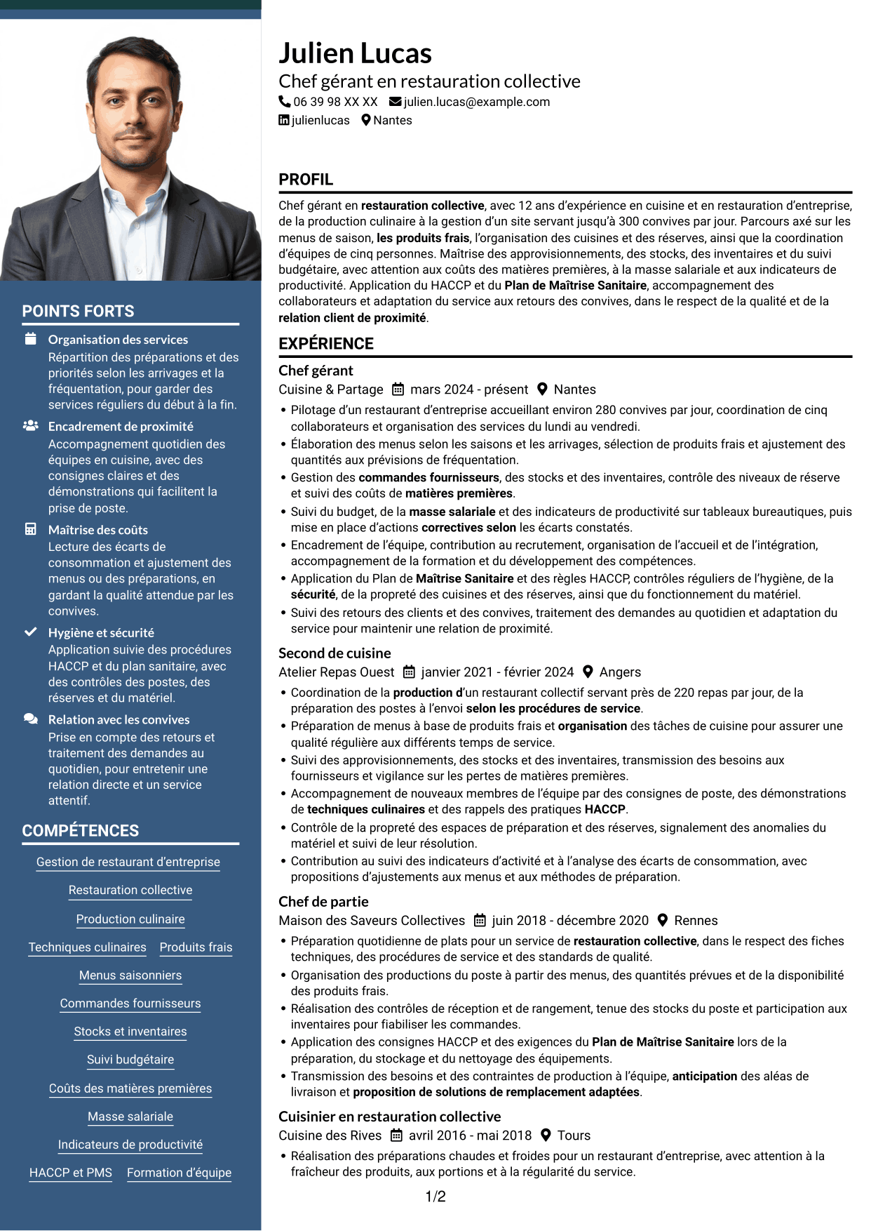 CV Signature (format à colonne latérale colorée avec grande photo) : Chef gérant - Restauration collective d'entreprise, page 1