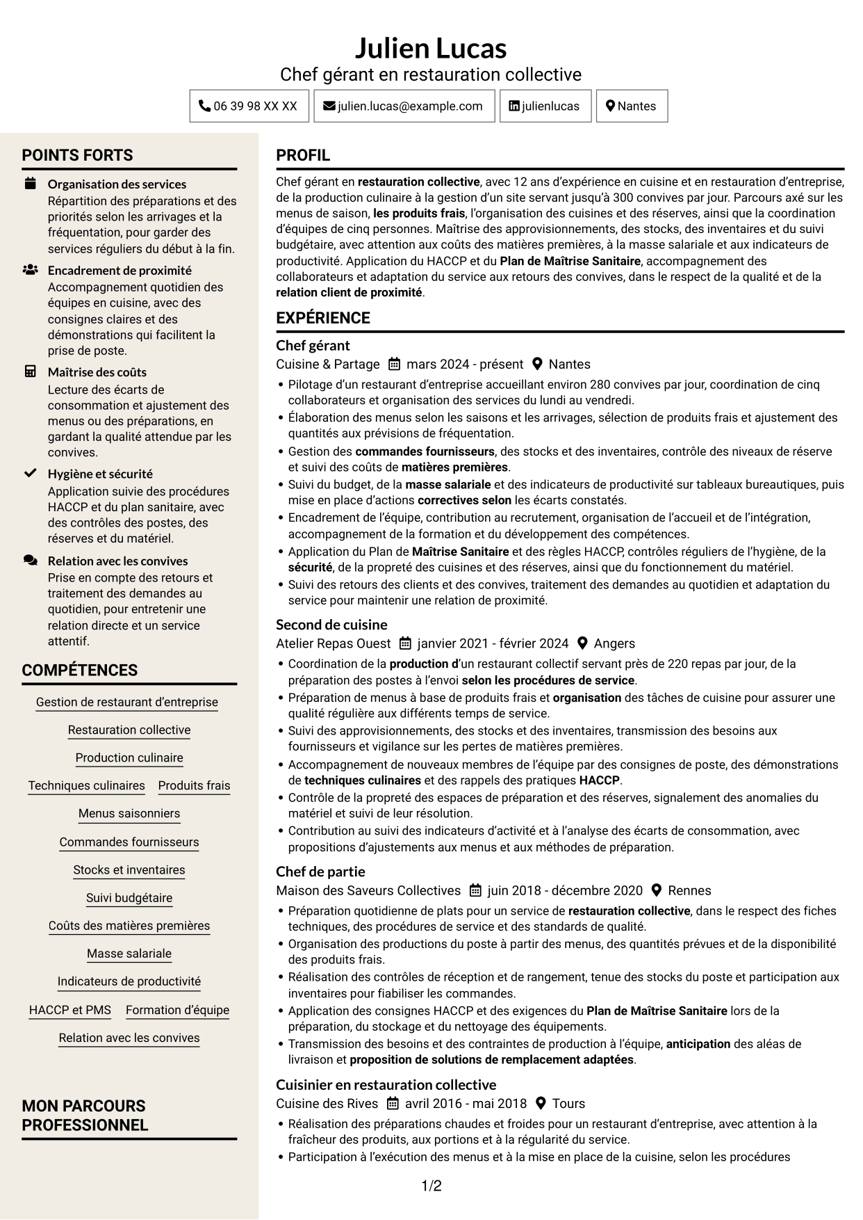 CV Fonceur (format à deux colonnes avec en-tête centré sans photo) : Chef gérant - Restauration collective d'entreprise, page 1