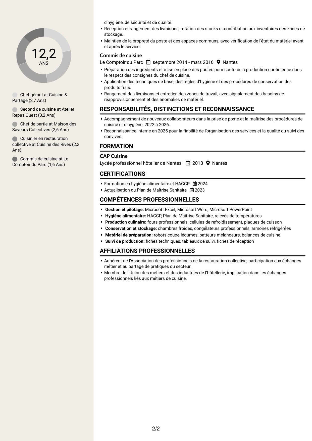 CV Fonceur (format à deux colonnes avec en-tête centré sans photo) : Chef gérant - Restauration collective d'entreprise, page 2