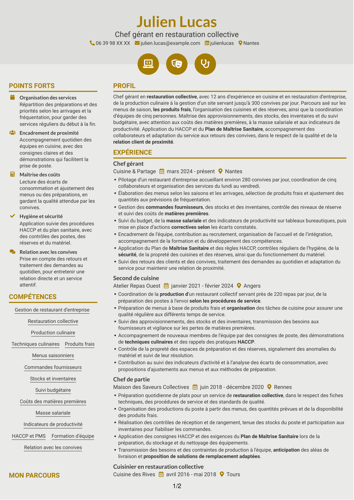 CV Dynamique (format à deux colonnes avec icônes) : Chef gérant - Restauration collective d'entreprise, page 1