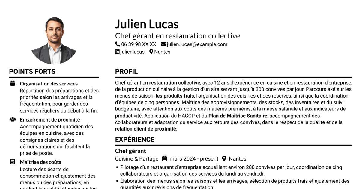 7 modèles de CV pour Chef gérant - Restauration collective d'entreprise, avec exemples