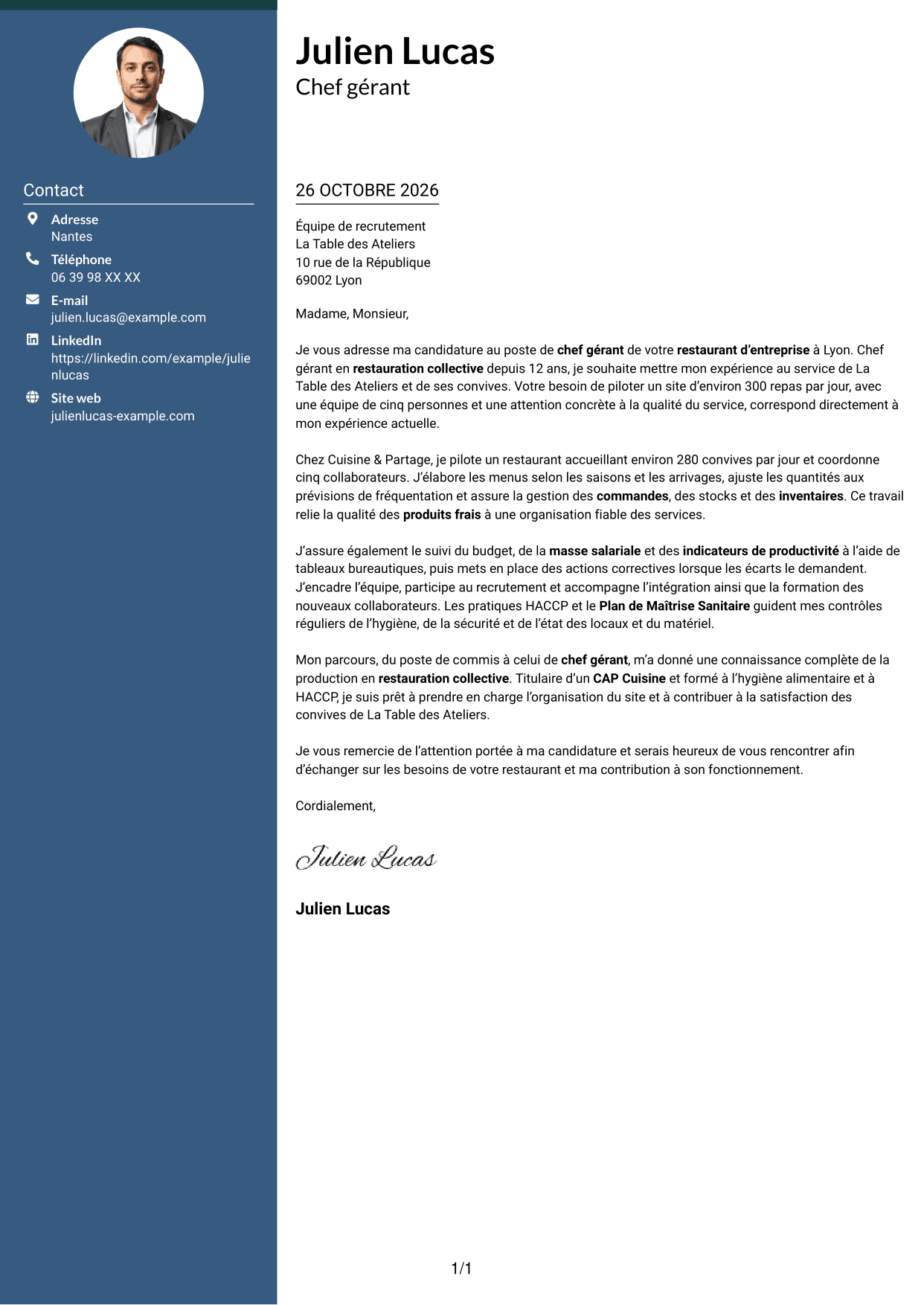Lettre de motivation Élégant (format à colonne latérale colorée avec photo) : Chef gérant - Restauration collective d'entreprise, page 1