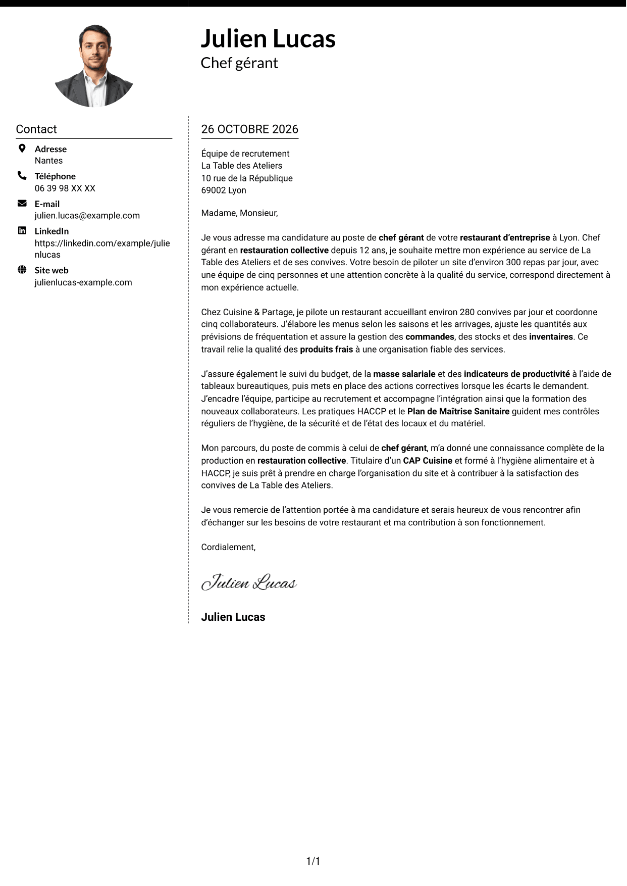 Lettre de motivation Moderne (format à deux colonnes avec photo à gauche et séparateur) : Chef gérant - Restauration collective d'entreprise, page 1