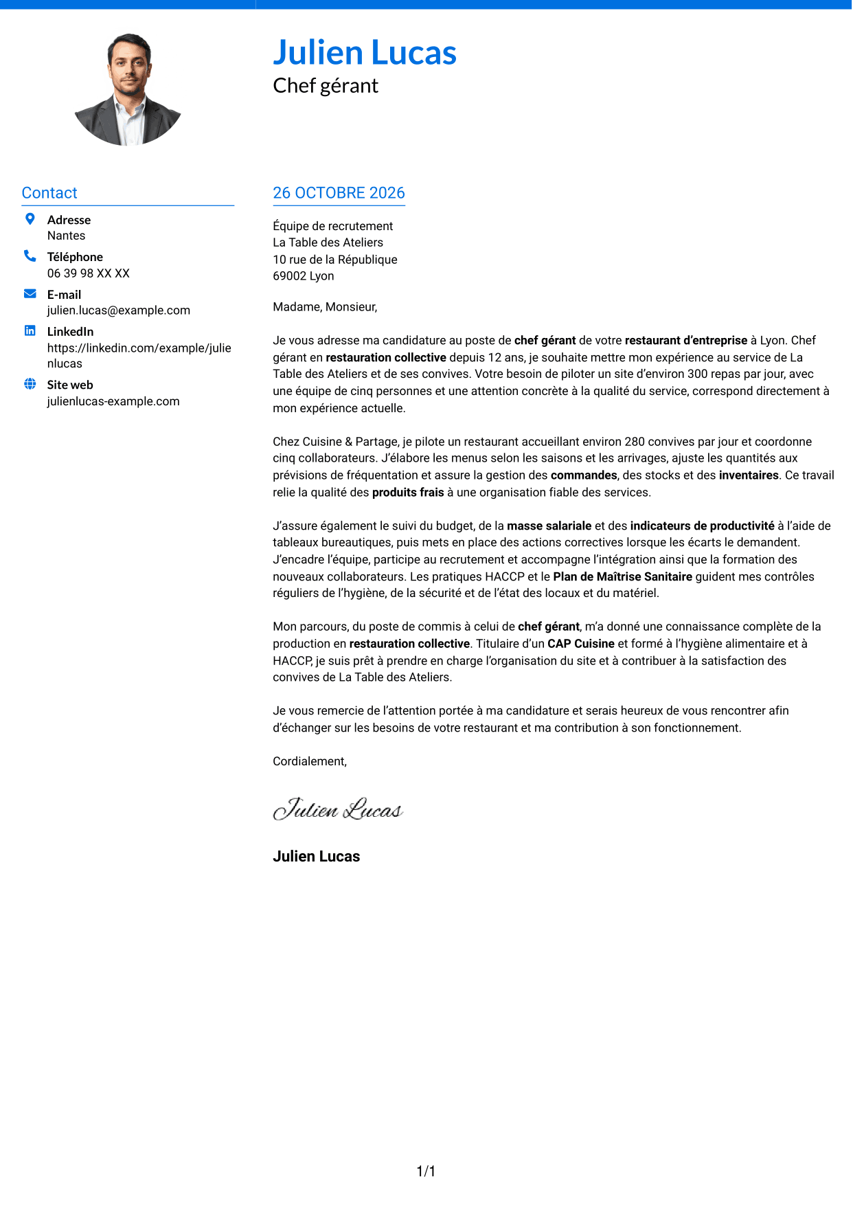 Lettre de motivation Audacieux (format à deux colonnes avec accents colorés et photo) : Chef gérant - Restauration collective d'entreprise, page 1