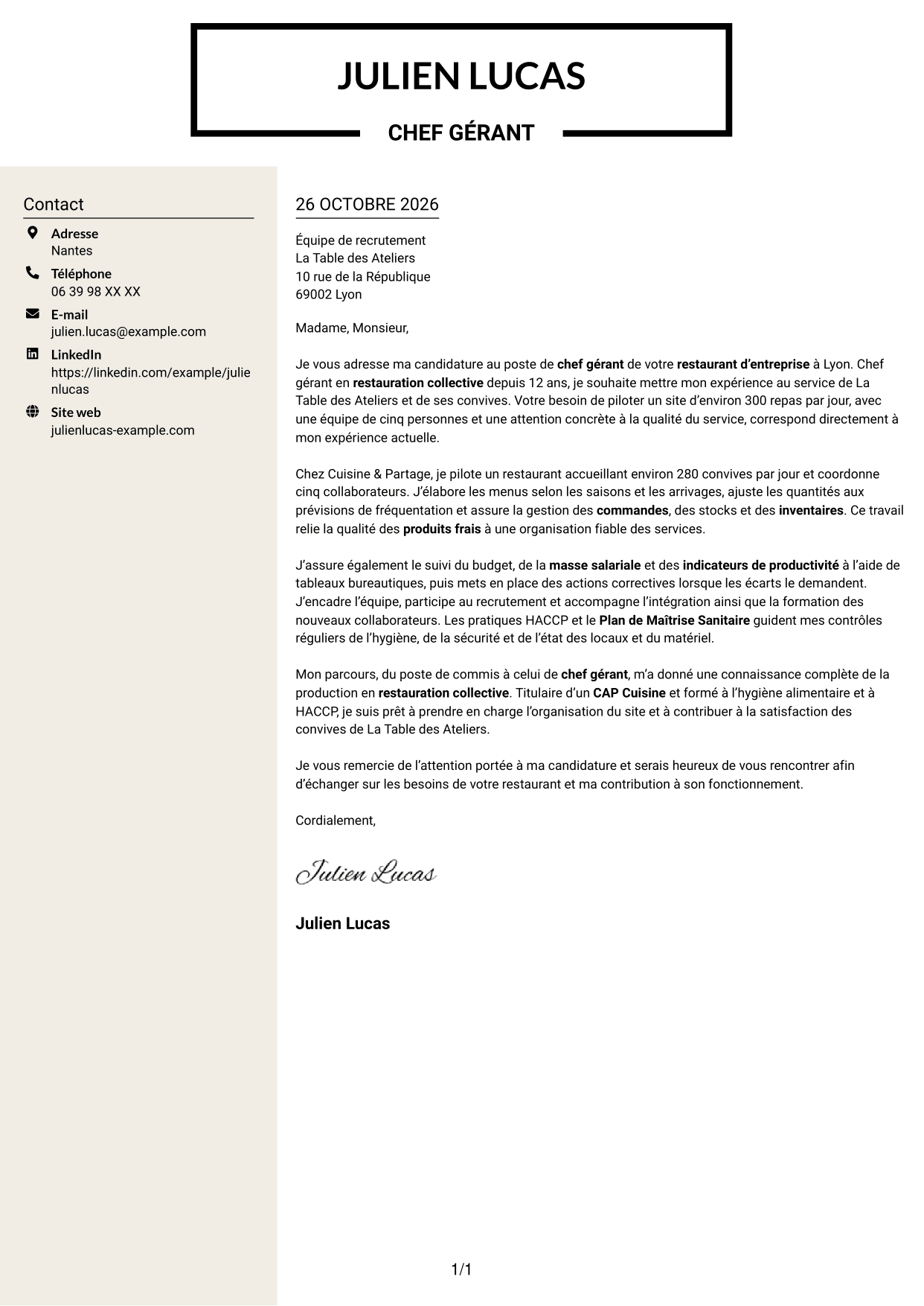 Lettre de motivation Fonceur (format à deux colonnes avec en-tête centré sans photo) : Chef gérant - Restauration collective d'entreprise, page 1