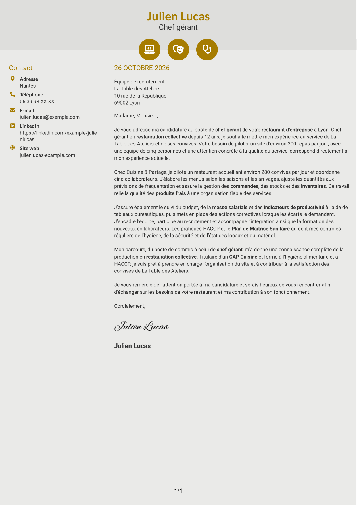 Lettre de motivation Dynamique (format à deux colonnes avec icônes) : Chef gérant - Restauration collective d'entreprise, page 1