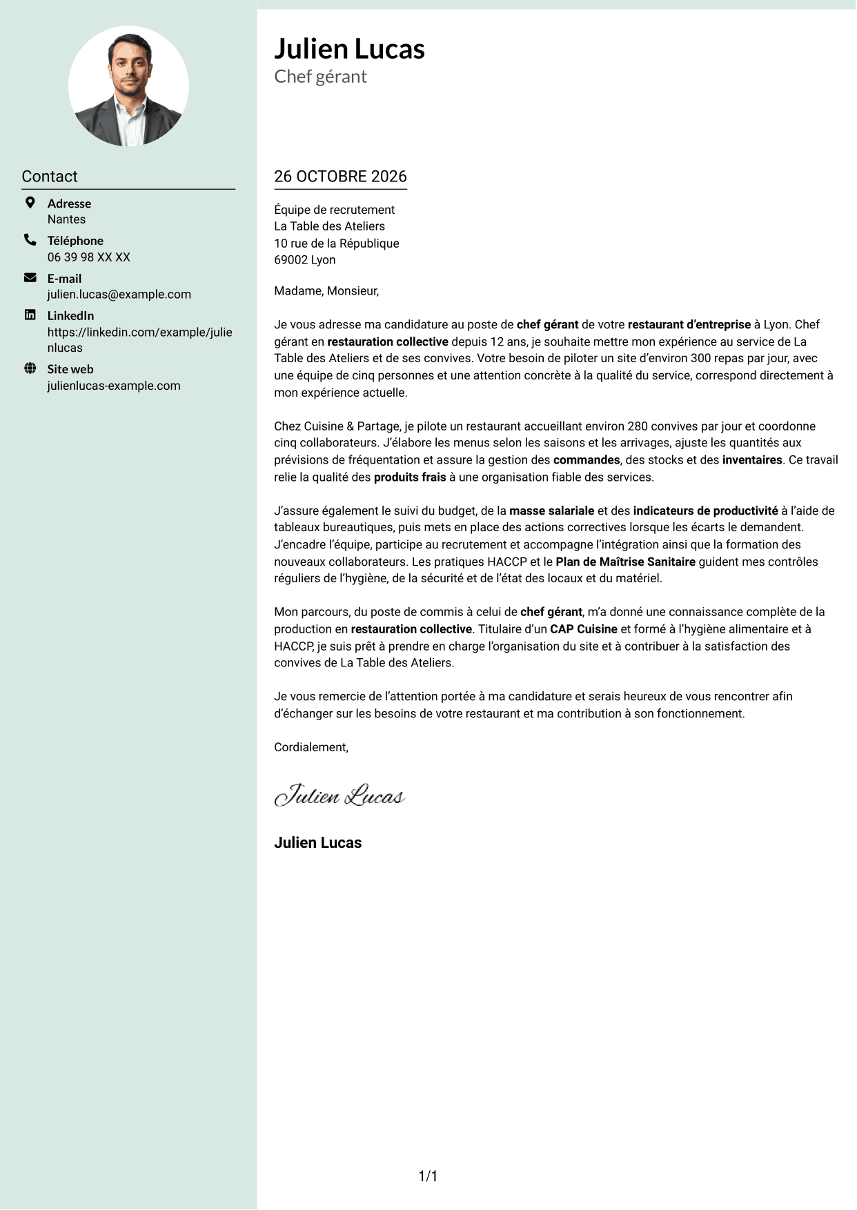 Lettre de motivation Cadre (format à colonne latérale douce avec photo arrondie) : Chef gérant - Restauration collective d'entreprise, page 1