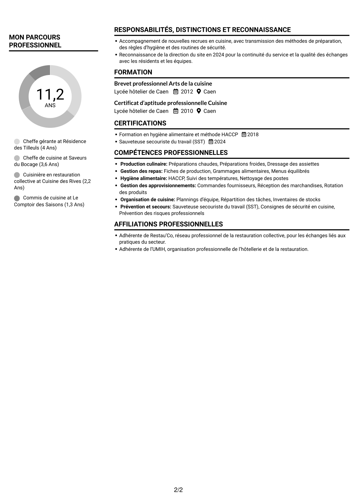 CV Compact (format sobre à deux colonnes avec photo) : Chef gérant - Restauration médico-sociale, page 2