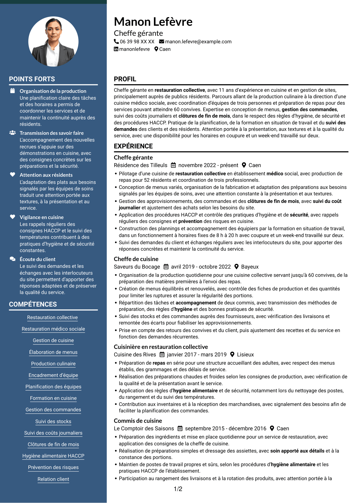 CV Élégant (format à colonne latérale colorée avec photo) : Chef gérant - Restauration médico-sociale, page 1