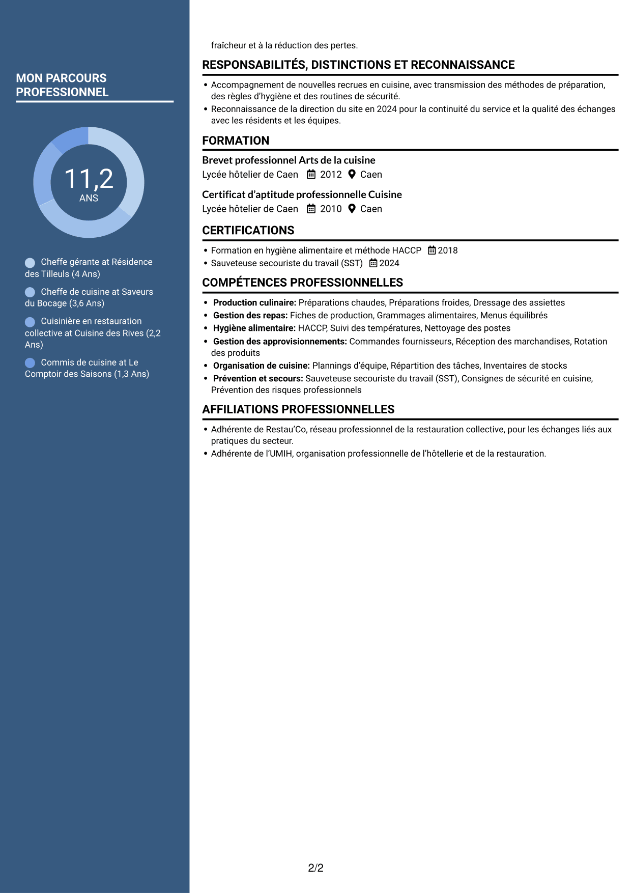CV Élégant (format à colonne latérale colorée avec photo) : Chef gérant - Restauration médico-sociale, page 2