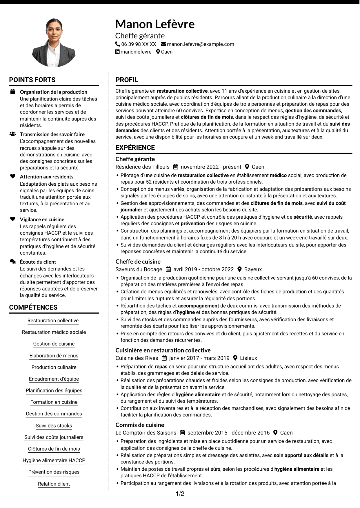 CV Moderne (format à deux colonnes avec photo à gauche et séparateur) : Chef gérant - Restauration médico-sociale, page 1