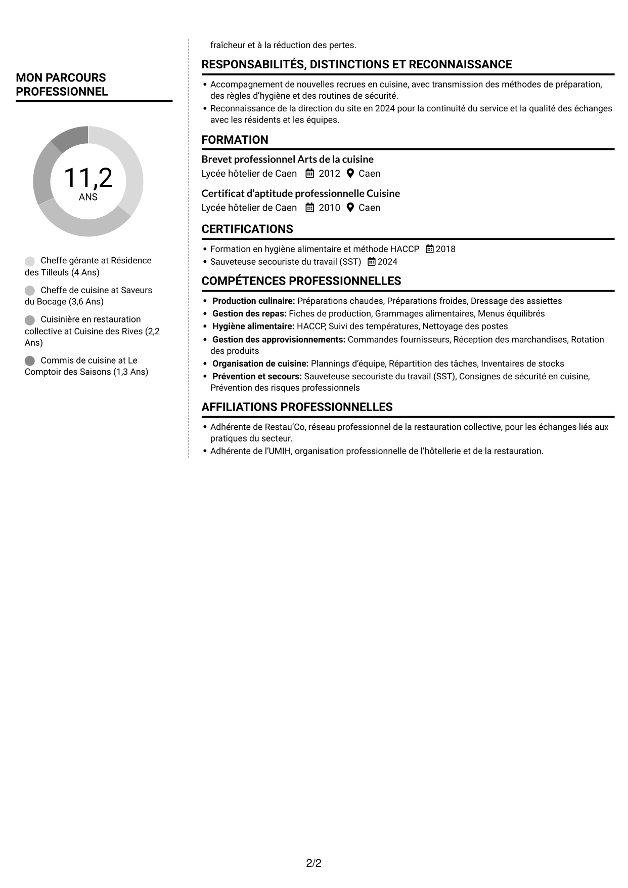 CV Moderne (format à deux colonnes avec photo à gauche et séparateur) : Chef gérant - Restauration médico-sociale, page 2